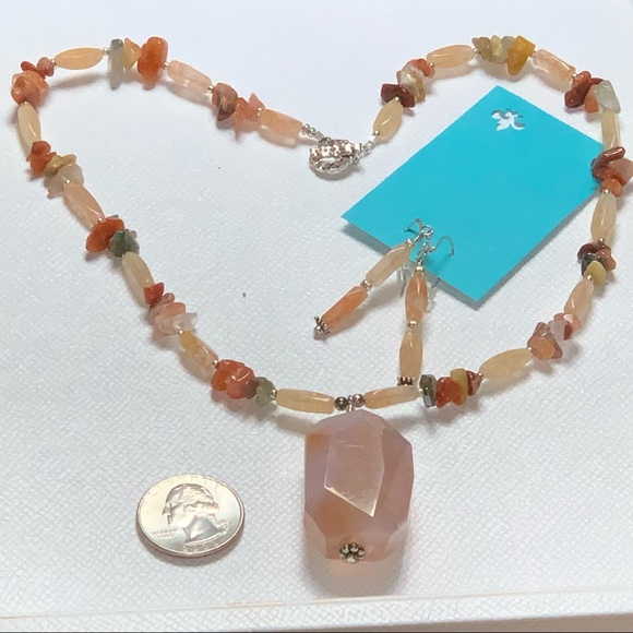 Handcrafted “Just Peachy” Sunstone & Agate Necklace & Earrings Set 925 - Picture 3 of 14